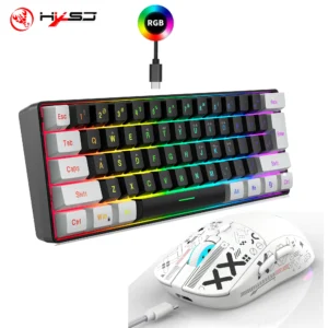 طقم لوحة مفاتيح وماوس للألعاب بإضاءة خلفية RGB بنسبة 60%، لوحة مفاتيح سلكية بـ 61 مفتاحًا، وماوس لاسلكي للألعاب بثلاثة أوضاع، مناسب لأجهزة الكمبيوتر المحمولة والمكتبية.