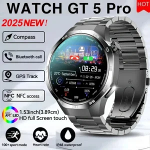 ساعة GT5 Pro الذكية الجديدة للرجال لعام 2025، مزودة بنظام تحديد المواقع العالمي (GPS) وبوصلة، وشاشة AMOLED بزاوية 360 درجة، وتقنية NFC، وبلوتوث لإجراء المكالمات، ومقاومة للماء، ومراقبة الصحة.